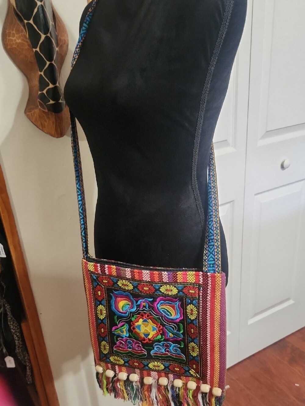 Boho Multicolor Embroidered Crossbody Bag with Fringe - Picture 2 of 7
